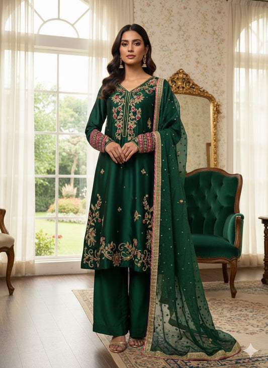 Emerald Dream: Hand-Embroidered Silk Ensemble