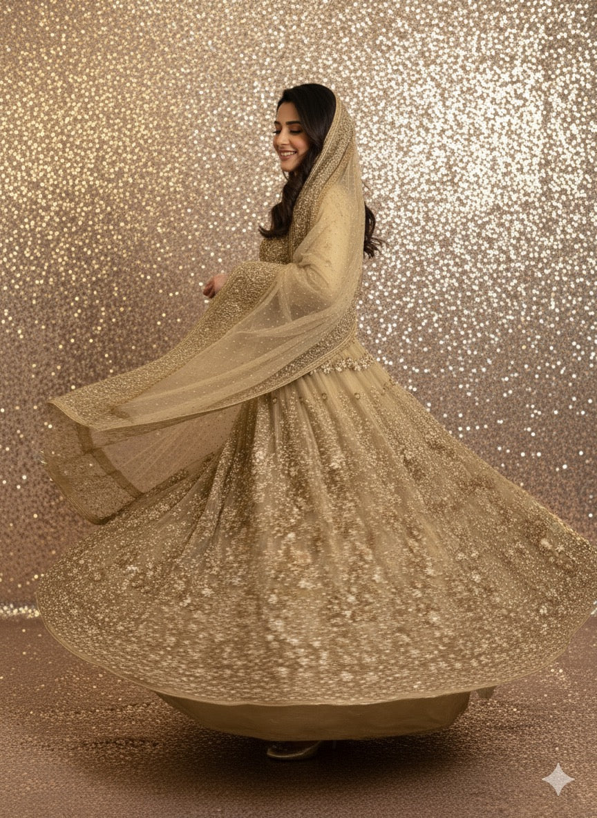 ✨ The Golden Radiance Net Anarkali