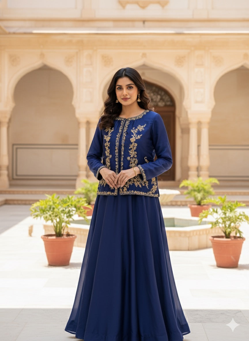 The Regal Navy Sheesha Silk Ensemble