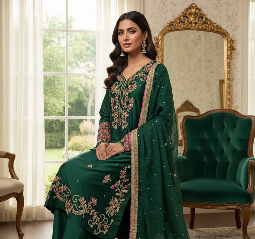 Emerald Dream: Hand-Embroidered Silk Ensemble