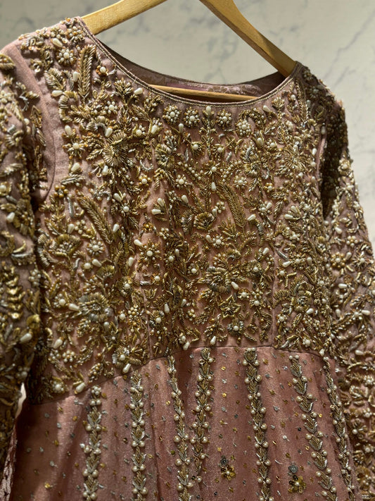 Anne Maxi (Dusty Pink): The Hand-Embroidered Zari Net Frock and Dupatta Set