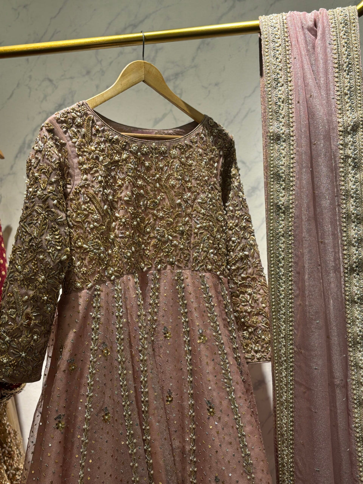 Anne Maxi (Dusty Pink): The Hand-Embroidered Zari Net Frock and Dupatta Set